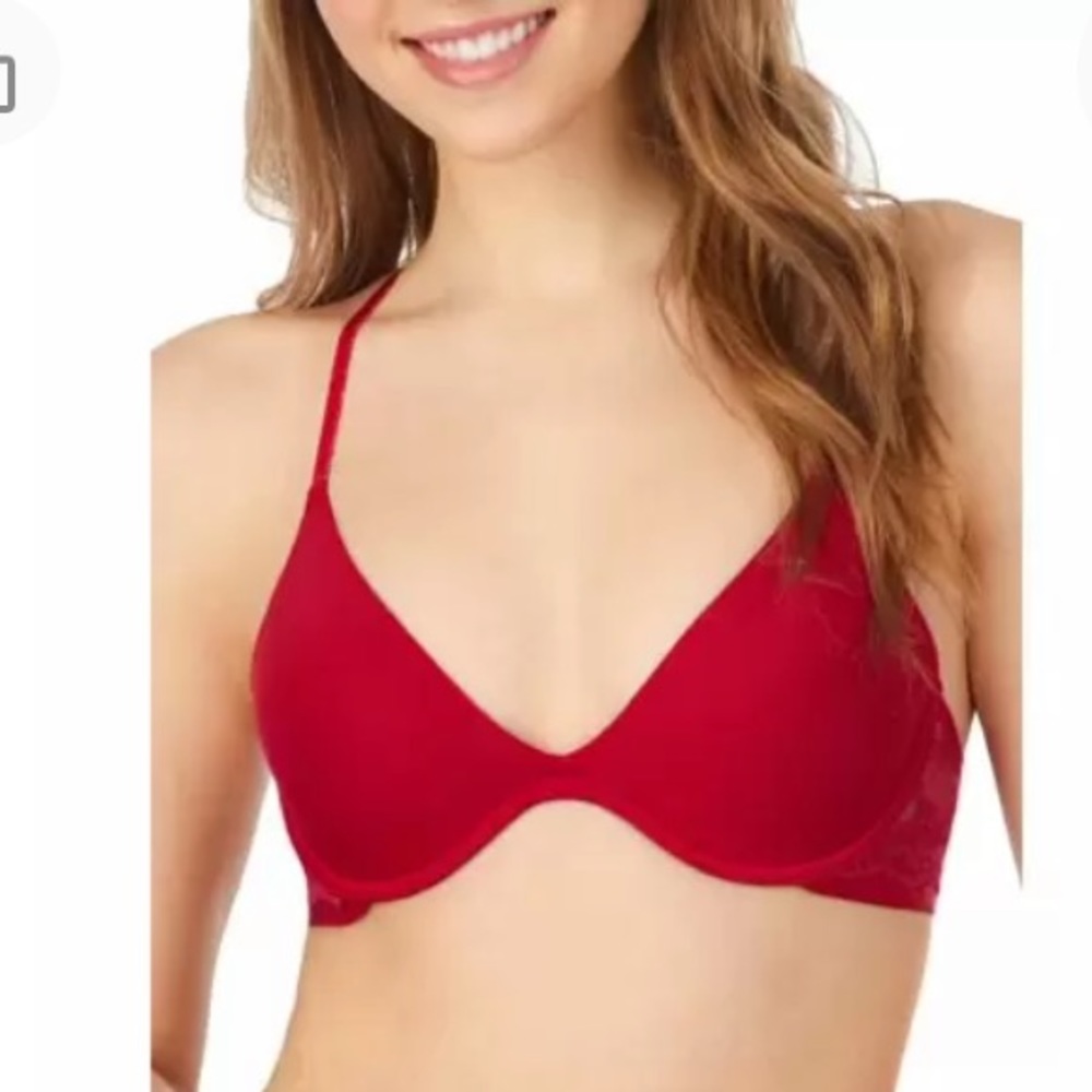NEW On Gossamer Cerise Lace Trim Underwire Plunge  Bra, Size 32D, Red